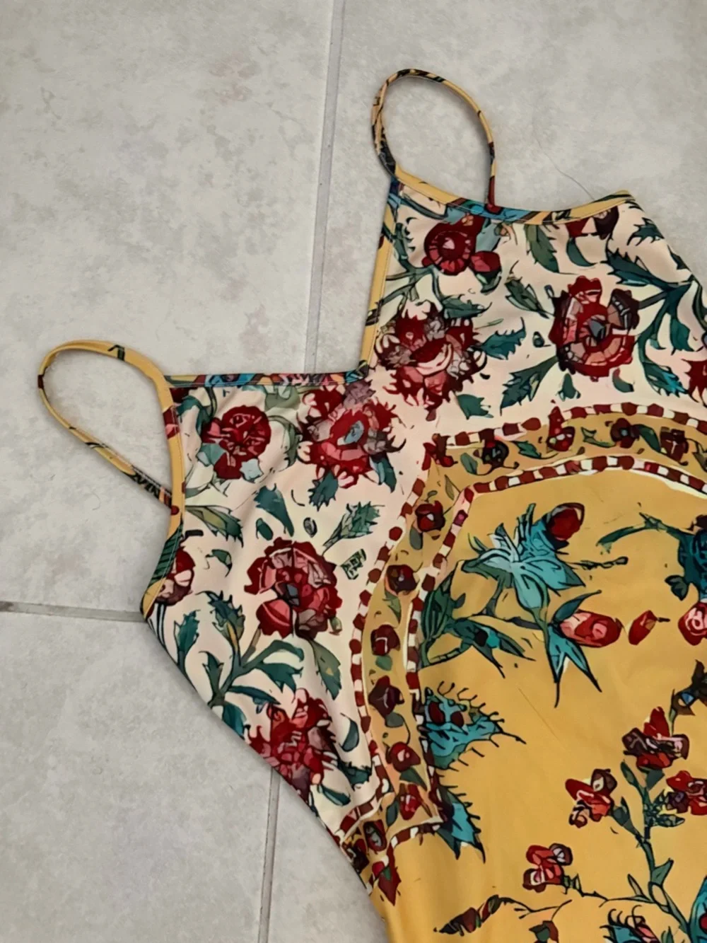 Summer Yellow Floral Maxi Dress Teal & Red Accents vacation wear